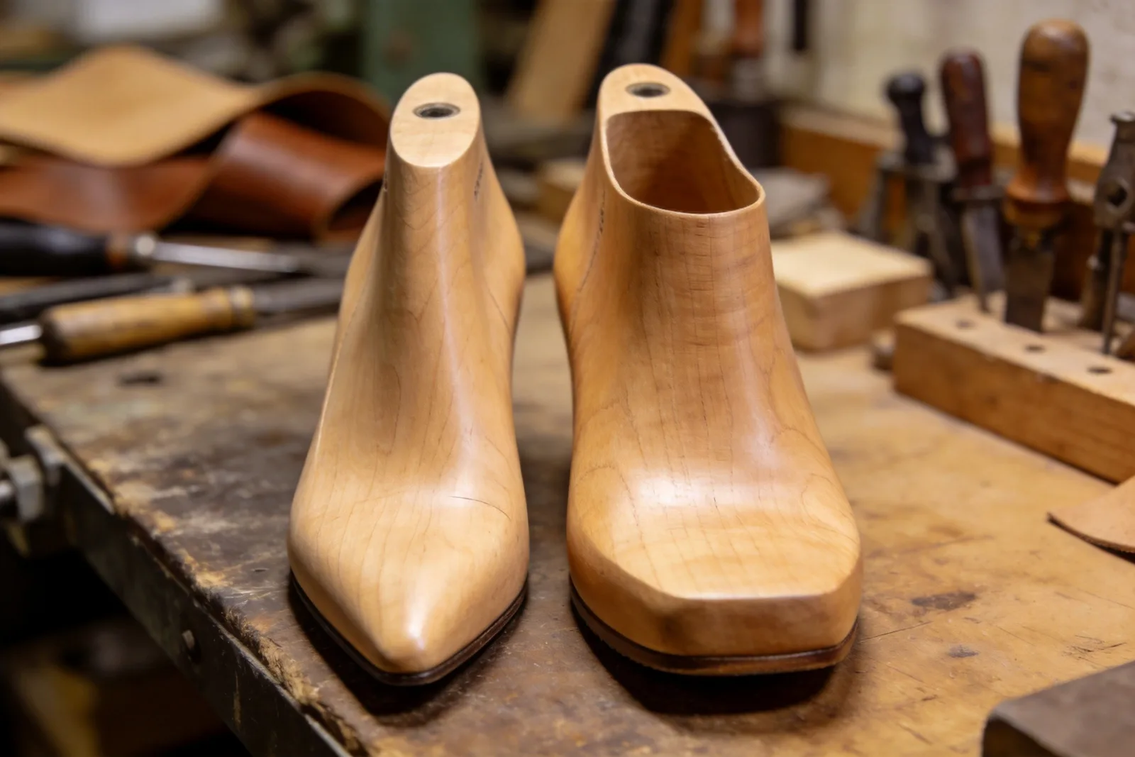 Two wooden shoe lasts side by side — one slim, one wide with a higher instep