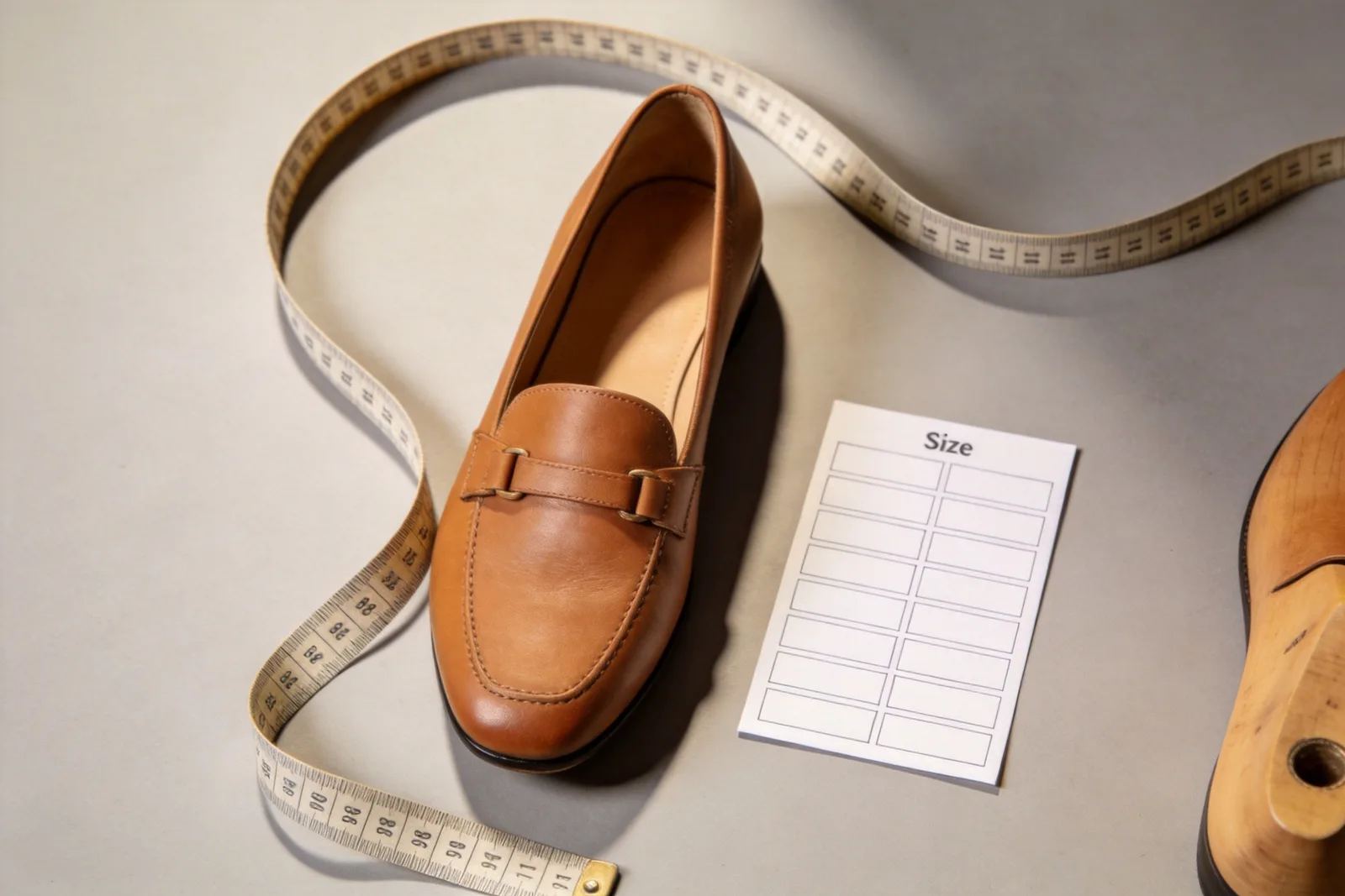 Flat-lay of a tan leather loafer with a tailor's measuring tape, a blank size chart card and a wooden shoe last