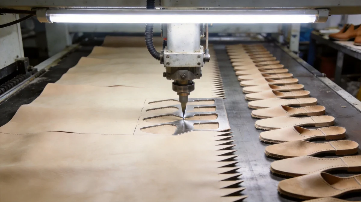 CNC cutting machine producing leather insole components at a footwear factory