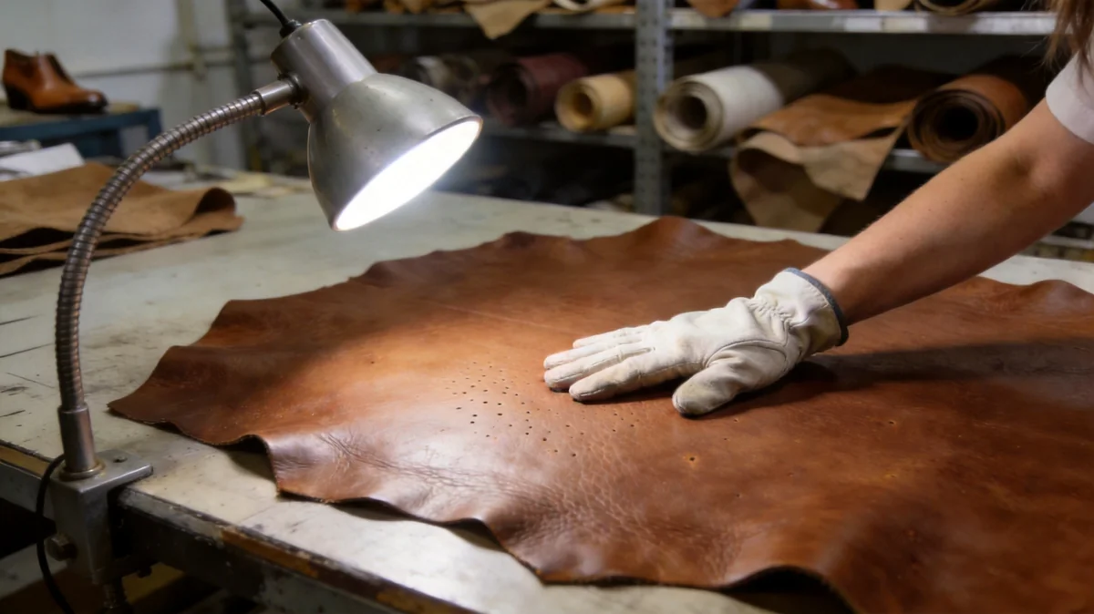 QC worker checking a genuine leather hide under an inspection lamp at a Chengdu shoe factory