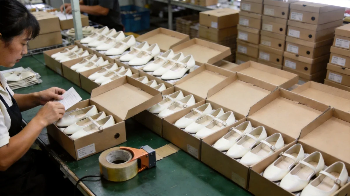 Worker packing white Mary Jane shoes into cartons after final inspection