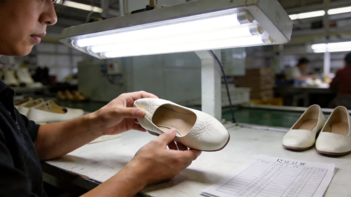 QC inspector checking a white leather flat shoe under bright inspection lights with a checklist