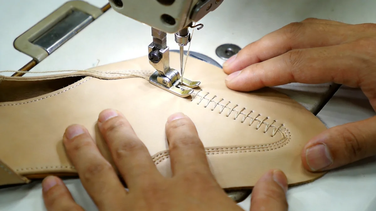 Operator stitching a leather shoe upper on a sewing machine during in-line QC