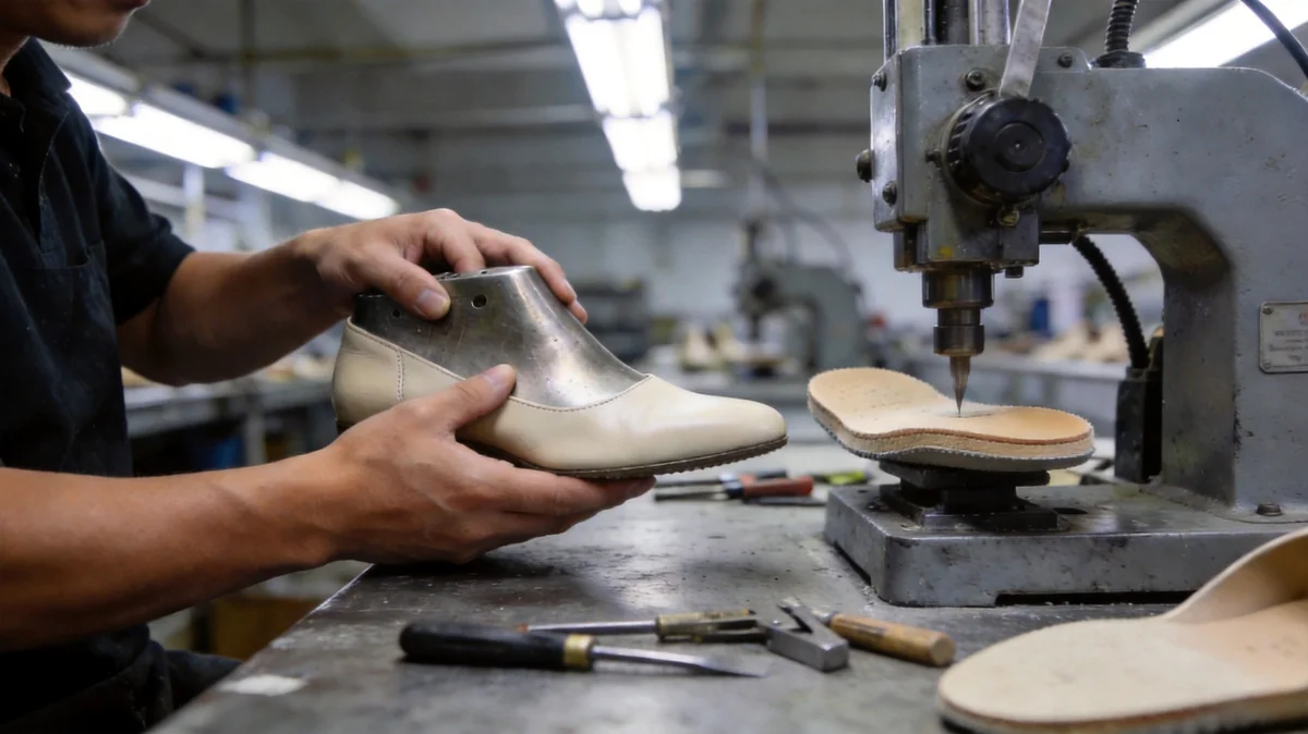 Worker fitting a women's shoe on a last at the assembly station of a shoe factory