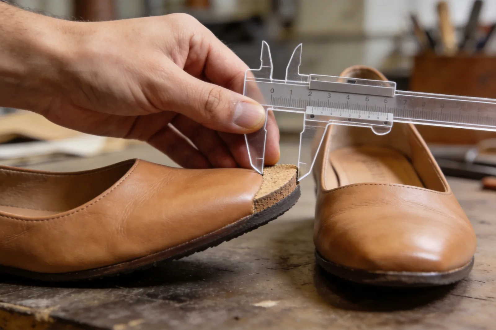 A caliper checking sole edge thickness against the approved sample during an arrival inspection