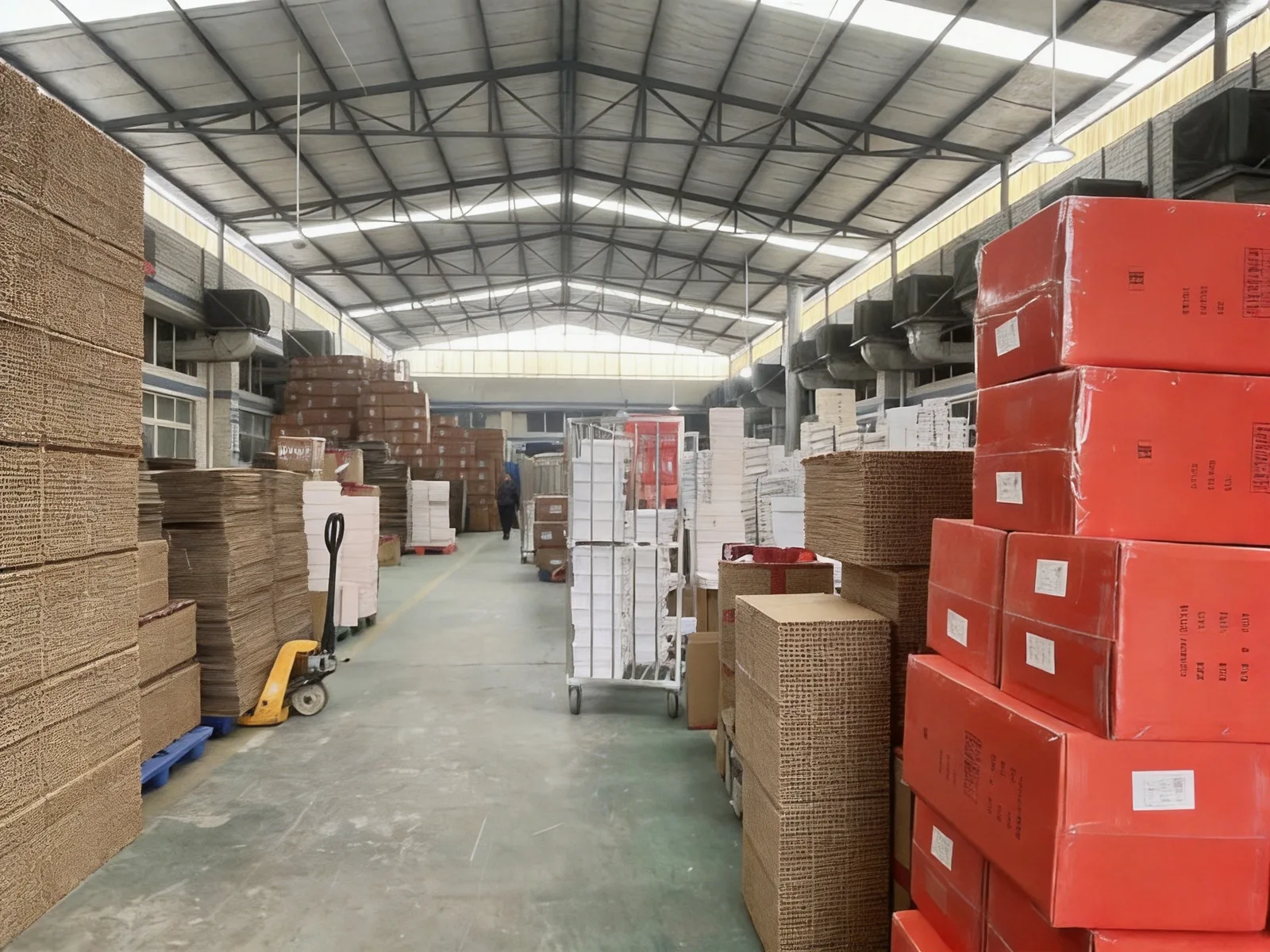 Shoe boxes and export cartons stacked in a footwear factory warehouse ready for packing and shipping