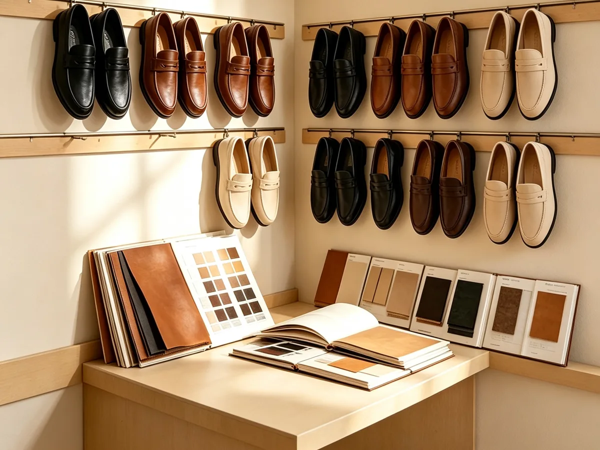 Mur de mocassins en cuir multicolores avec nuanciers