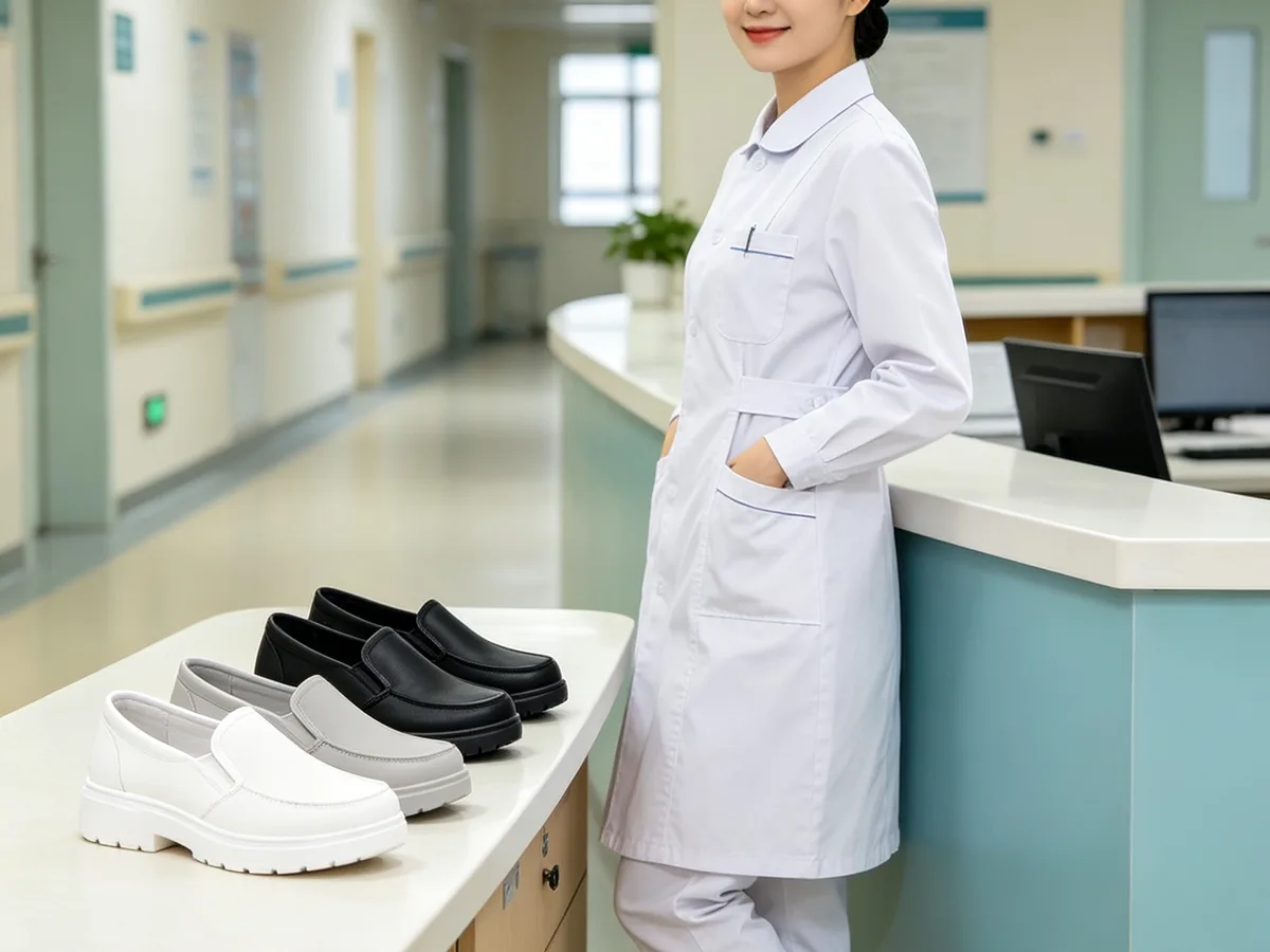 ナースステーションで白いナースシューズを履く看護師