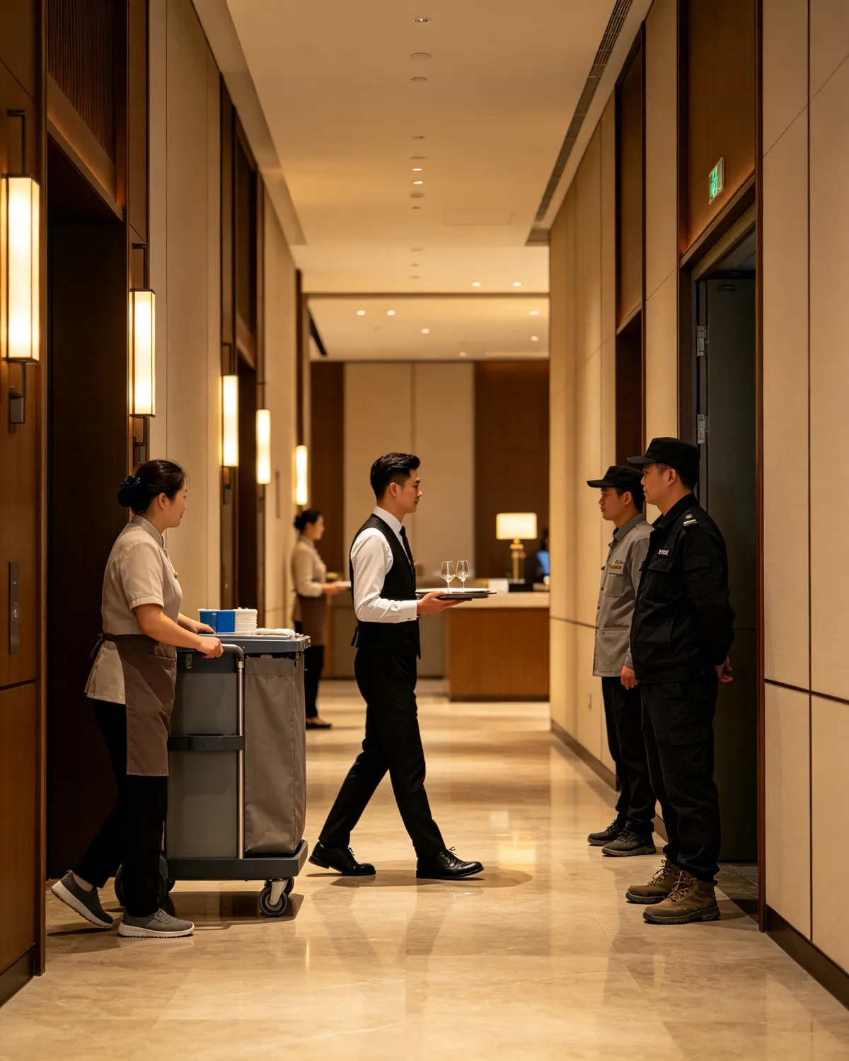 Personnel de quatre départements d'hôtel — accueil, housekeeping, F&B et sécurité — dans un couloir