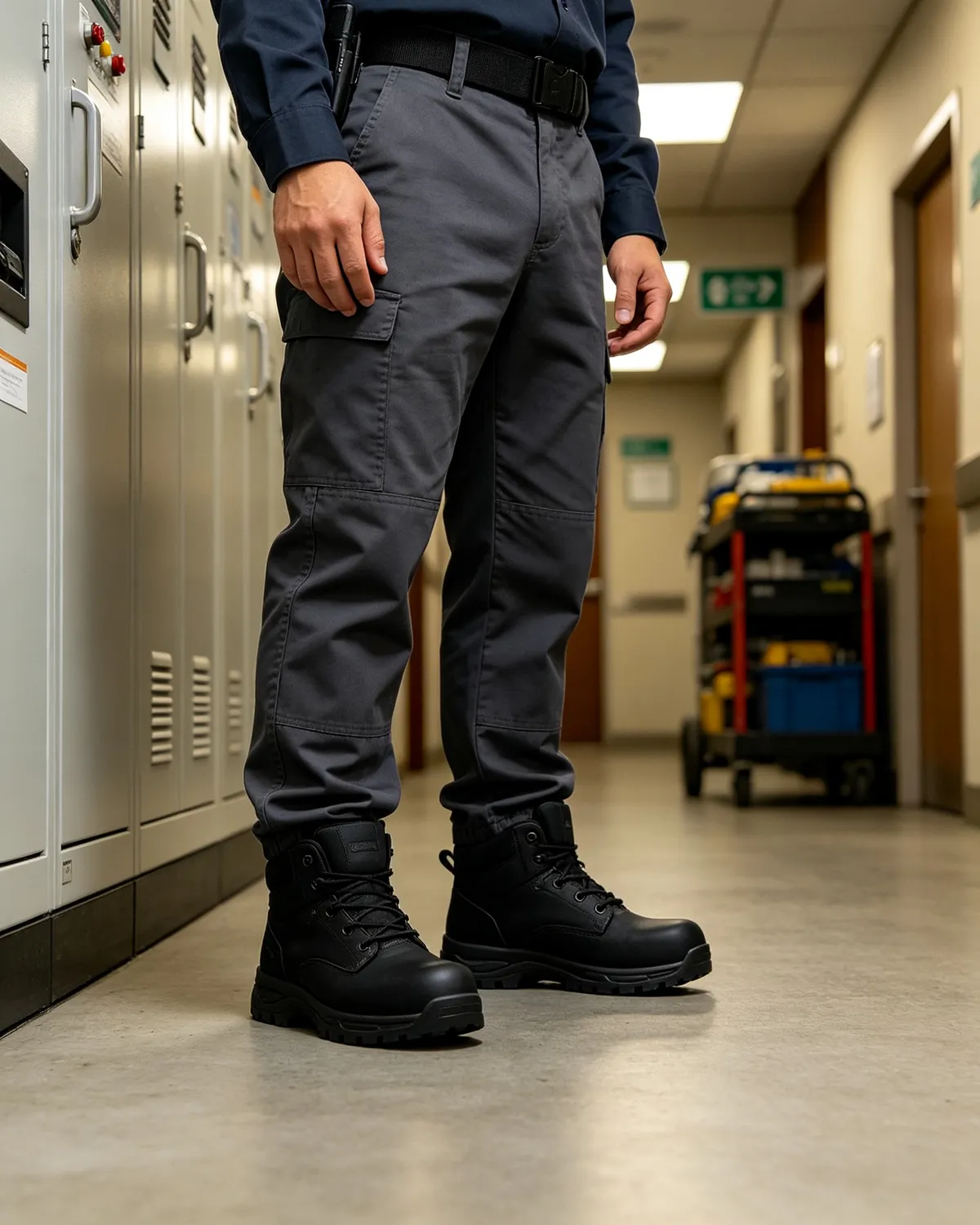 Bottes de travail en cuir noir dans un vestiaire du personnel