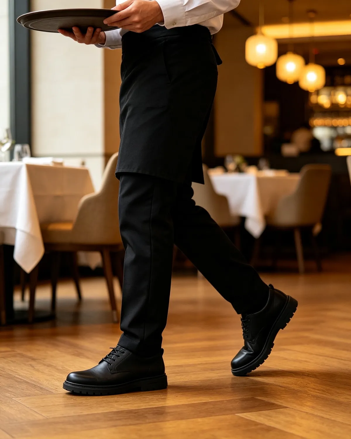 Serveur de restaurant d'hôtel marchant avec un plateau en chaussures antidérapantes