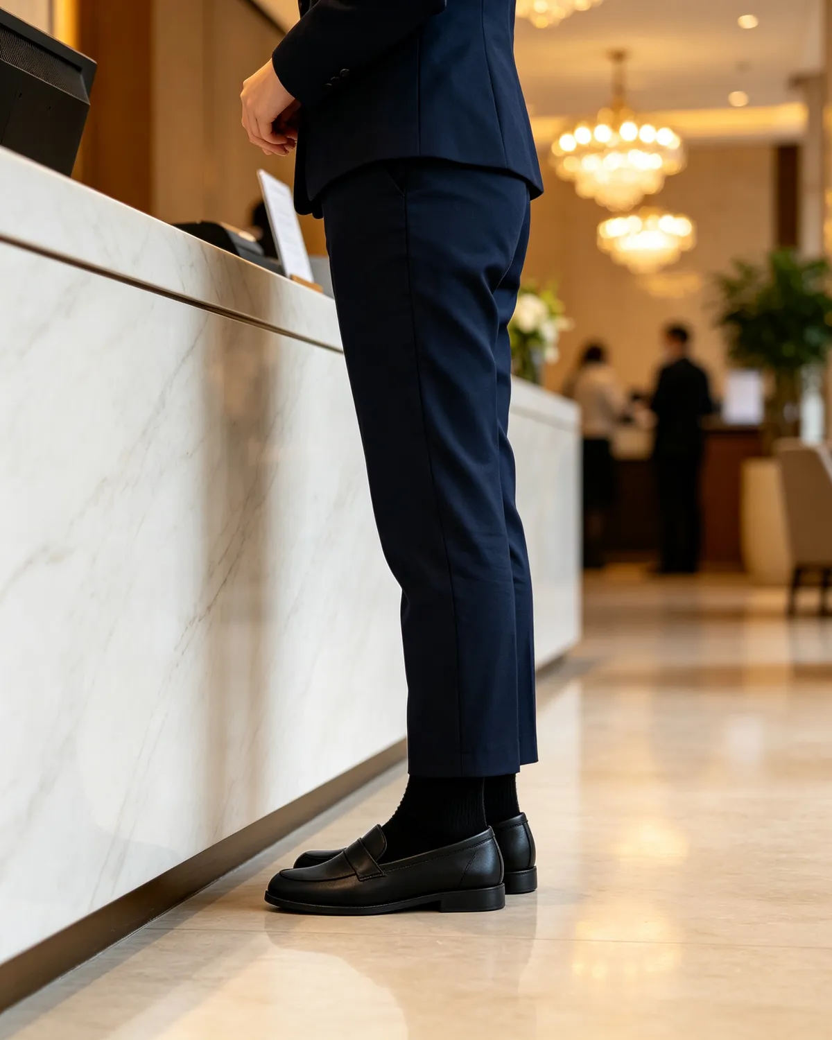 Mocassins en cuir noir pour le personnel de réception d'hôtel