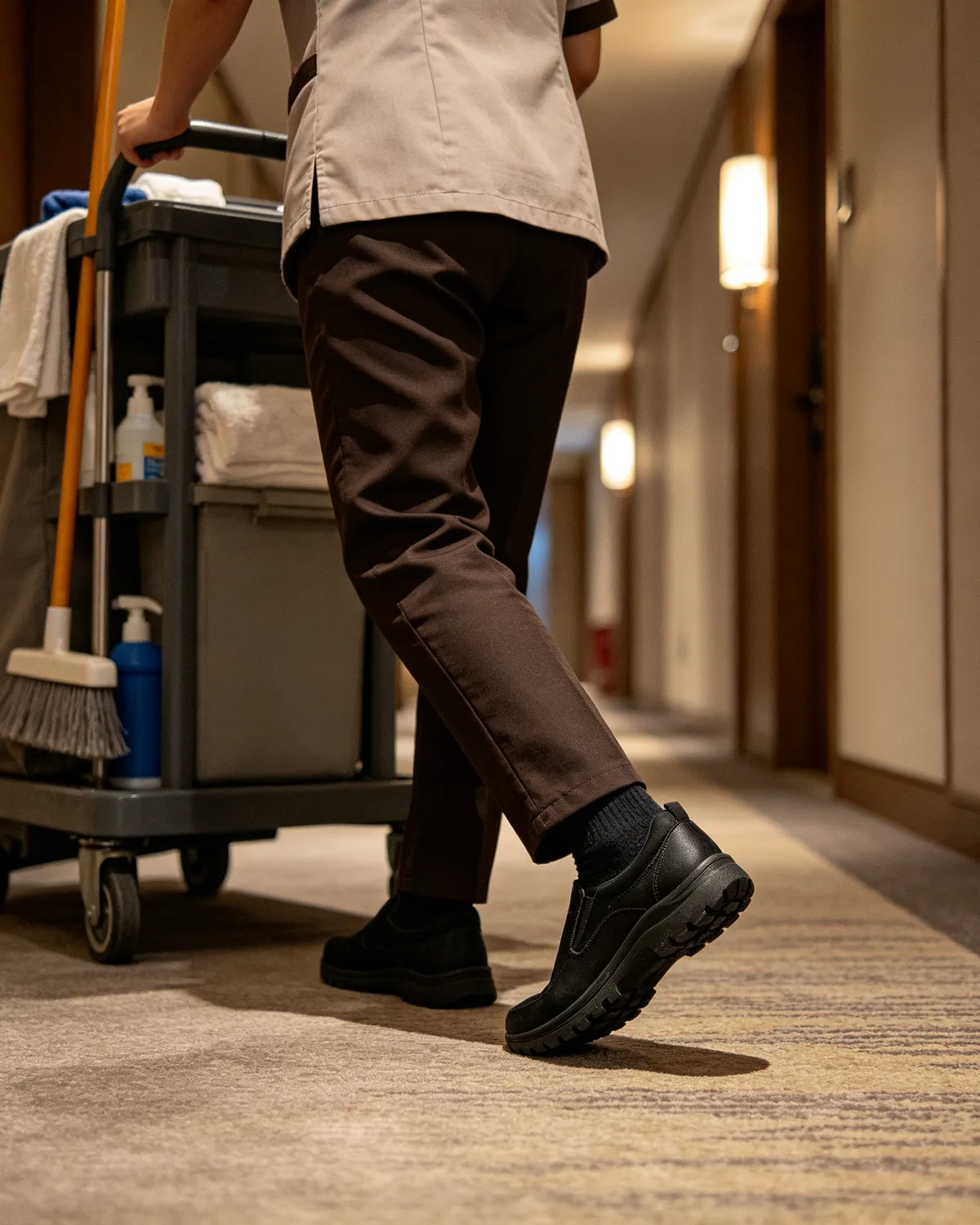Employée d'étage poussant un chariot de linge en chaussures de travail confortables