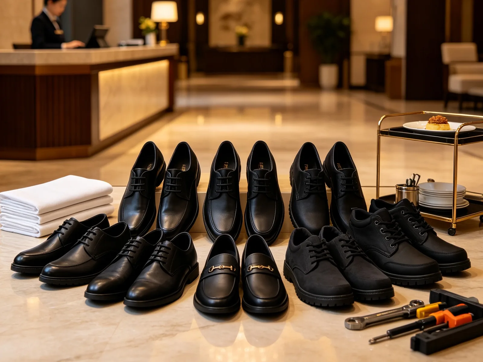 Sept paires de chaussures de personnel hôtelier en cuir noir alignées dans un lobby